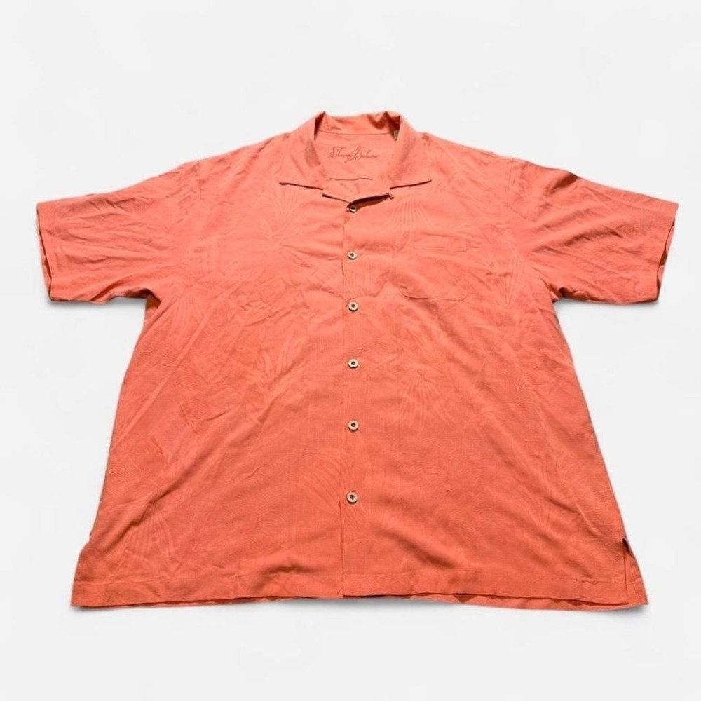 Tommy Bahama 100% Silk‎ Orange Button Up Short Sleeve Floral Embroidered Size XL